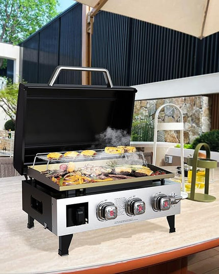 Brand-Man 3-Burner Portable Propane Gas Griddle with Lid - 28,000 BTU Flattop Griddle Grill, 504 Sq. In., Folding Side Tables, Rolling Cart for Outdoor BBQ, Camping, Patio