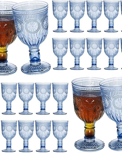 24 Pack Vintage Wine Glasses, Plastic Reusable 12 Ounce Colored Water Goblets, Unique Flower Embossed Pattern Unbreakable Stemmed Wine Glasses High Clear Wedding Party Bar Drinking Cups Blue