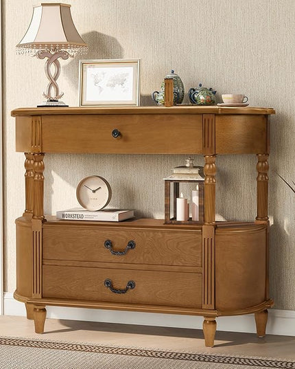 HMFULE Retro Curved Console Table, 43" Solid Wood Half Moon Console Table Entryway Table Sofa Table with Open Shelf Curved Corners 3 Drawers Pine Roman Legs for Living Room,Hallway,Entryway,Brown