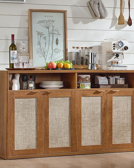 LEYAOYAO Rattan Sideboard Buffet Cabinet,55" Coffee Bar Cabinet with 4 Doors & Open Storage Shelf,Modern Credenza Console Table for Living Room Rattan Farmhouse entryway Brown