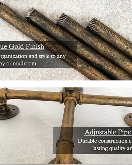Industrial Coat Rack, Metal Pipe Coat Rack Stand Freestanding with 6 Hooks, Heavy Duty Coat Tree Sturdy Coat Racks for Entryway, Hallway, Bedroom (Vintage gold)