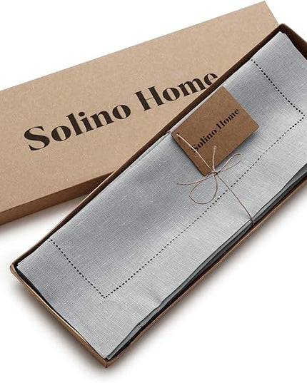 Solino Home Linen Placemats Set of 4 - Classic Hemstitch Soft Grey Placemats 14 x 19 Inch - 100% Pure Linen Table Mats for Christmas, Winter, New Year