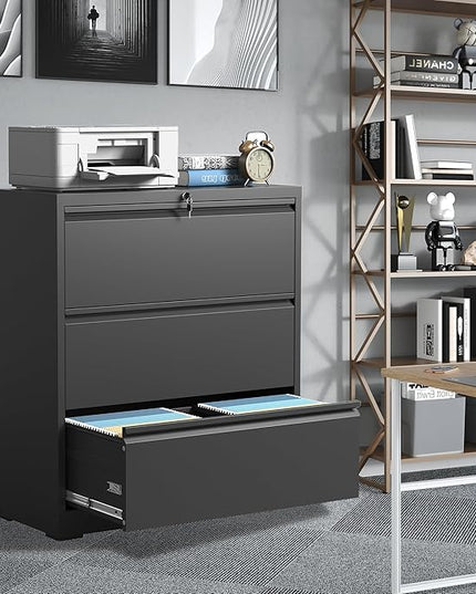 File Cabinets 3 Drawer,Metal Office Storage Filing Cabinet with Lock,Black Lateral Filing Cabinet for Home Office,Horizontal Locking File Cabinets for Legal/Letter/A4,Assembly Require,Black