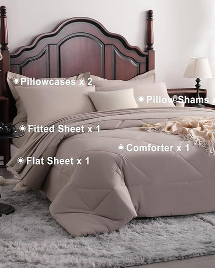 NTBAY King Comforter Set with Sheets, 7 Pieces Soft and Breathable King Bedding Set, Bed in a Bag, Down Alternative Comforter Set Solid Color All Season, King Bedding Set, Taupe