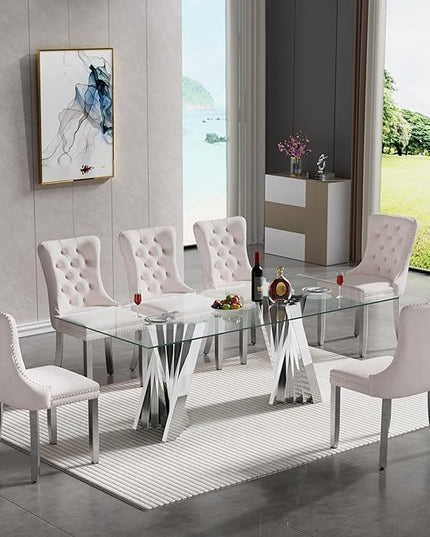 SSLine Modern 70" Glass Dining Table Set for 6, Kitchen Dinner Table with Stainless Steel Base and 6 Velvet Dining Chairs