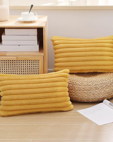 Pallene Faux Fur Plush Lumbar Throw Pillow Covers 12x20 Set of 2, Luxury Soft Fluffy Striped Decorative Pillow Covers for Sofa, Couch, Living Room, Mustard Yellow
