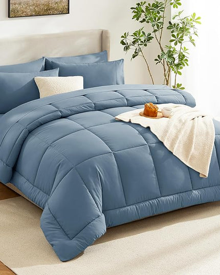 CozyLux King Size Comforter Set Mineral Blue, 7 Pieces Bed in a Bag, Blue Comforter King Size, All Season Bedding Sets with Stitch Quilted Comforter, Flat Sheet, Fitted Sheet, Pillowcases