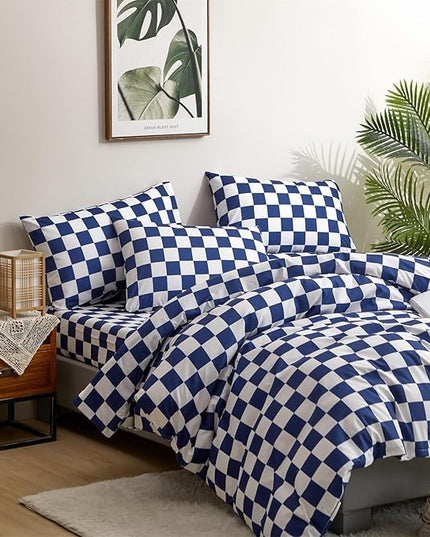 CLOTHKNOW Royal Blue White Plaid Full Size Comforter Sets Grid Bedding Comforter Sets Soft Blue Comforter with 2 x Pillow Cases