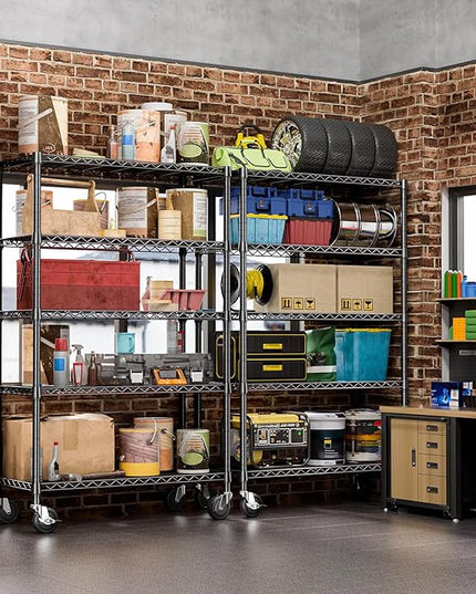 IZEUK 5-Tier Storage Shelving Unit with Wheels, Adjustable Heavy Duty Steel Wire Rack Organizer (Black, 17.7" D x 47.2" W x 76.7" H, 1750 lbs Capacity) for Garage, Kitchen, Office, Laundry, Basement