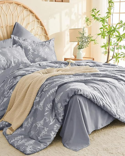 MUXHOMO Light Grey King Comforter Set, Elegant Floral Print Bed in a Bag 7 Pieces, Ultra Soft & Breathable Reversible Botanical Pattern Bedding Set with Comforter, Sheets, Pillowcases, and Shams