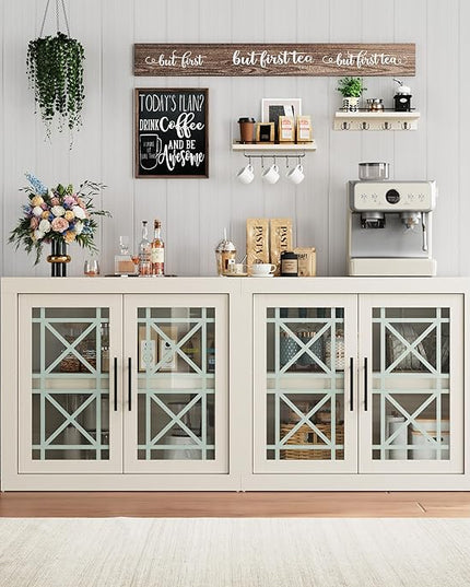 GarveeHome 71" White Buffet Sideboard with Storage, Modern Tall Coffee Bar Cabinet with 4 Glass Doors, Large Kitchen Buffet Table for Dining Room, Living Room, Entryway