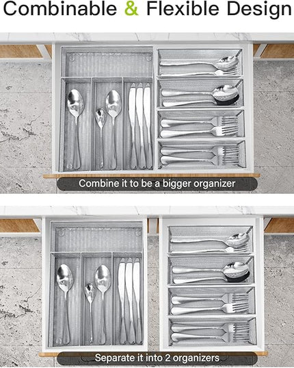 Neudeco Drawer Organizer Set 5 Pack - 4-Compartment Silverware Organizer Tray + 4 Utensil Trays, Kitchen Drawer Organizer for Flatware, Cutlery, Office Supplies, Silver Mesh, Non-Slip,Silver