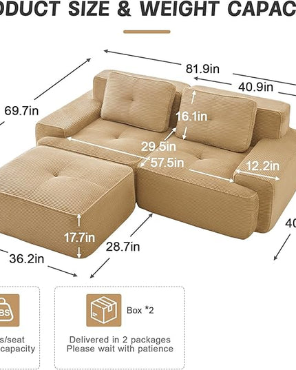 82" Convertible Modular Couches, Deep Seat L Shaped Sofas for Living Room, Modern 2 Seater Love Seat Sofa with 1 Ottoman for Small Space, Comfy Cloud Sectional Sofa Set, Corduroy Fabric Camel