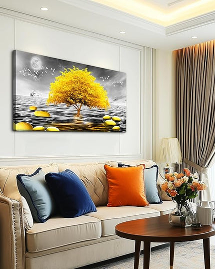 Wall Decorations For Living Room Large Size Canvas Wall Art For Bedroom Modern Office Wall Decor Canvas Art Black and white view Yellow Tree Painting Pictures Artwork for Walls Bathroom Home Decor