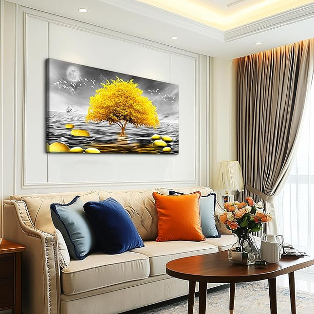 Wall Decorations For Living Room Large Size Canvas Wall Art For Bedroom Modern Office Wall Decor Canvas Art Black and white view Yellow Tree Painting Pictures Artwork for Walls Bathroom Home Decor