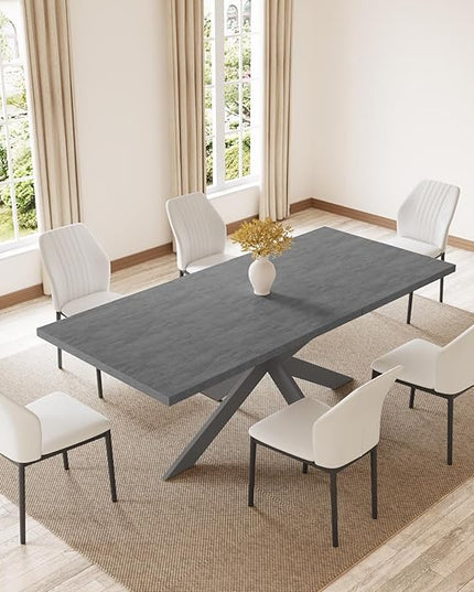 ZckyCine 6-8 People Modern Rectangular Kitchen Dining Table Extendable Dining Table Set for 6, 63–79 inch, Space-Saving Gray Table with 6 White PU Leather Cushioned Chairs, Metal Frame, Easy Assembly