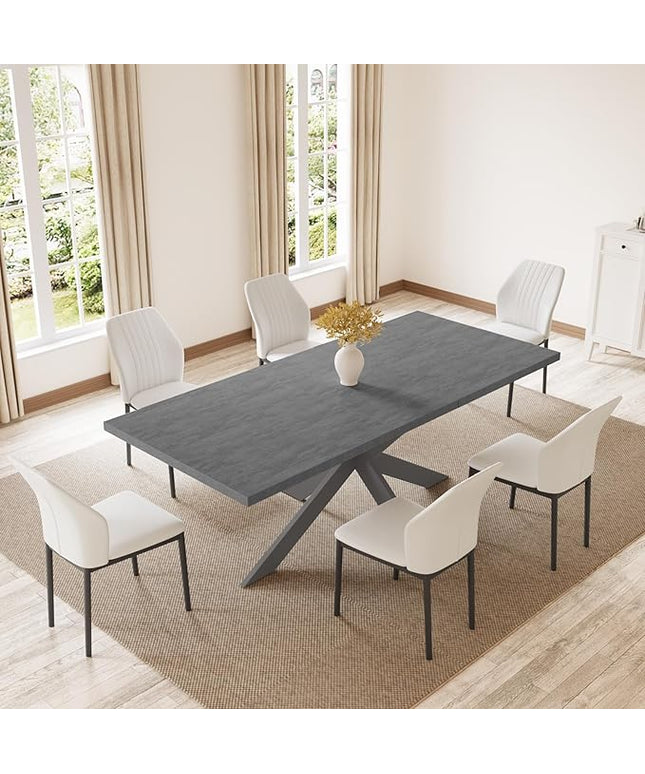 ZckyCine 6-8 People Modern Rectangular Kitchen Dining Table Extendable Dining Table Set for 6, 63–79 inch, Space-Saving Gray Table with 6 White PU Leather Cushioned Chairs, Metal Frame, Easy Assembly