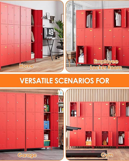 Aobabo New 9 Doors Metal Storage Locker for Employees, Lockable Steel Locker with Name Card Slot and 27 Hooks for School Office Gym Garage, Red, Assembly Required