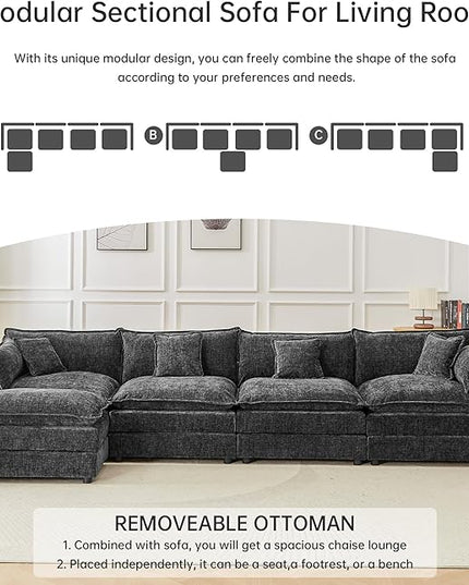 Modular Sectional Sofa, 147.2 Inch L Shaped Couch Set with Armrests, 4-Seater Comfy Cloud Couches with Movable Ottoman for Living Room Apartment, Grey