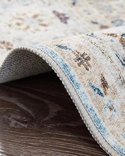 jinchan Round Rug 8ft Area Rug - Washable Boho Vintage Floral Circle 8' Round Floor Cover Lightweight Low Pile Thin Throw Non-Slip Carpet for Kitchen Living Room Bedroom Dining Room Office Light Blue