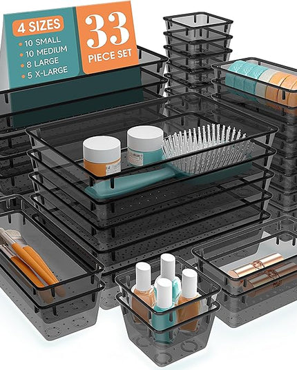 33 PCS Clear Plastic Drawer Organizers Set, 4 Size Desk Drawer Organizer Trays for Makeup, Jewelry, Kitchen Utensils, Gadgets and Office Accessories, Black