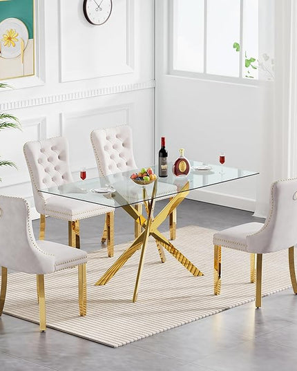 Rectangular Glass Dining Table Set for 4, Modern Tempered Glass Kitchen Table Set and Chairs, Rectangular Glass Dining Room Table Set for Kitchen (Gold, 52 inch Gold Table with 4 Beige Chairs)