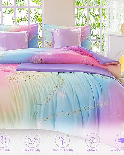 Rainbow Bedding Set Twin Size – 7 Piece Reversible Girls Comforter with Deep-Pocket Sheet, Gradient Galaxy Design, Whole-Piece Filling, Machine Washable Bed-in-a-Bag for Kids Room Makeover & Gifts