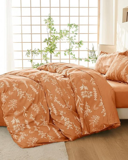 MUXHOMO Burnt Orange Bed in a Bag Queen 7 Pieces, Queen Comforter Set Reversible Botanical Flowers Design, Ultra Soft & Breathable Bedding Sets with Comforter, Sheets, Pillowcases & Shams