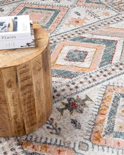 BoutiqueRugs Diem Boho Vintage Colorful Large Runner Rug - Farmhouse Traditional Medallion Pink Carpet for Living Room, Bedroom - Pink, Cream, Green, Red, Gray, Yellow - 5'3" Round