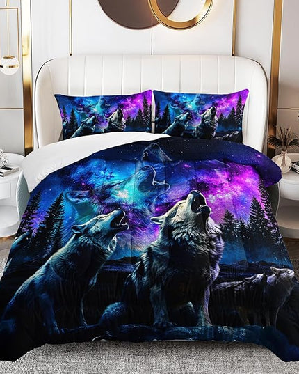 AILONEN Night Wolf Comforter Set,Howling Wolves Bedding Set for Teens Adult Bedroom Decor Full Size,Bohemian Starry Night Wild Animal Duvet Set,3-Piece,1 Quilt with 2 Pillowcases