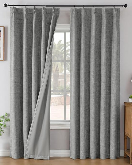 Joydeco Pinch Pleated Curtains - 100% Blackout for Bedroom, Light Grey Linen Curtains 40" W x 96" L, Thermal Insulated 2 Panels Light Blocking Drapes, Back Tabs for Living Room