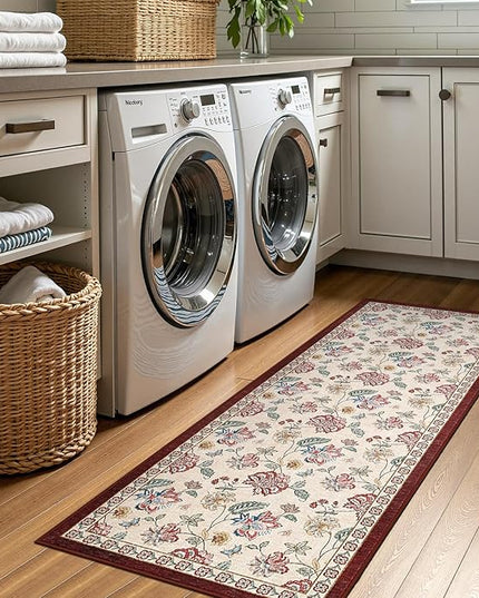jinchan Elora 2x5 Floral Runner Rug for Hallway Washable Runner Vintage Romance Christmas Design Non Slip Thin Indoor Floor Cover Low-Profile Throw Carpet for Entryway Bathroom Bedroom, Red/Beige