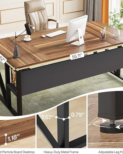 Tribesigns 63 inches Computer Desk with Bottom Storage Shelf Home Office Desk Writing Table for Workstation, Dark Walnut + Steel Leg, Cabinet not Included (Walnul, 63-inch-with Shelf)