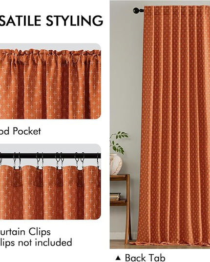 MIULEE Decorative Back Tab Linen Curtains with Geometric Pattern for Living Room Bedroom Farmhouse Rustic Thick Woven Textured Patterned Mudcloth Drapes 72 Inches Long 2 Panels Set, Burnt Orange
