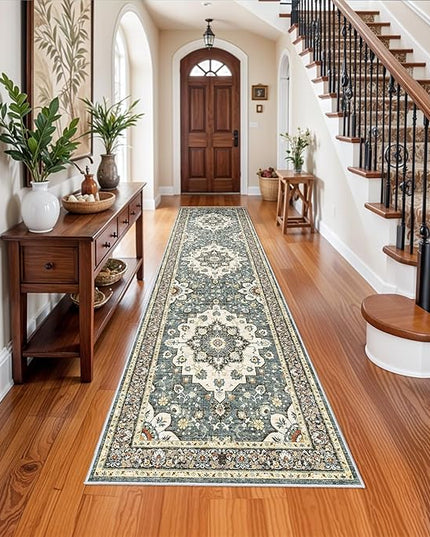 Washable Oriental Hallway Runner Rug - 3x12 Rugs for Living Room Soft Carpet for Bedroom Kitchen Waterproof Floral Distressed Indoor Stain Resistant Non-Shedding Floor Carpets (Blue, 3X12)