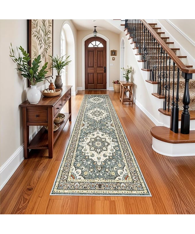 Washable Oriental Hallway Runner Rug - 3x12 Rugs for Living Room Soft Carpet for Bedroom Kitchen Waterproof Floral Distressed Indoor Stain Resistant Non-Shedding Floor Carpets (Blue, 3X12)