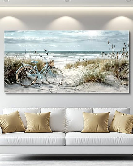 FUHAIHUA Large Wall Decor For Living Room Canvas Wall Art For Bedroom Modern Office Decoration Blue Beach Bicycle Seascape Painting Ocean Landscape Wall Pictures Artwork Home Decor Posters 24"X48"