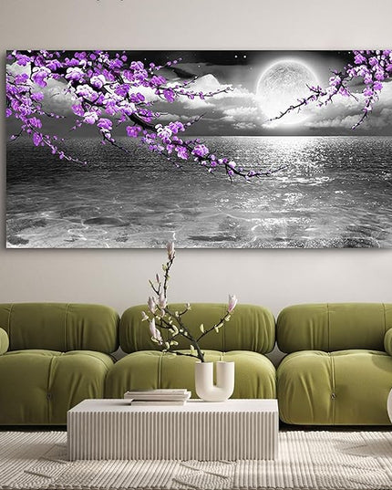 Large Purple Wall Art Decor for Living Room Bedroom Framed Black and White Seascape Full Moon Purple Flower Painting Canvas Picture Modern Hand-Painted Plum Blossom Artwork for Home Office