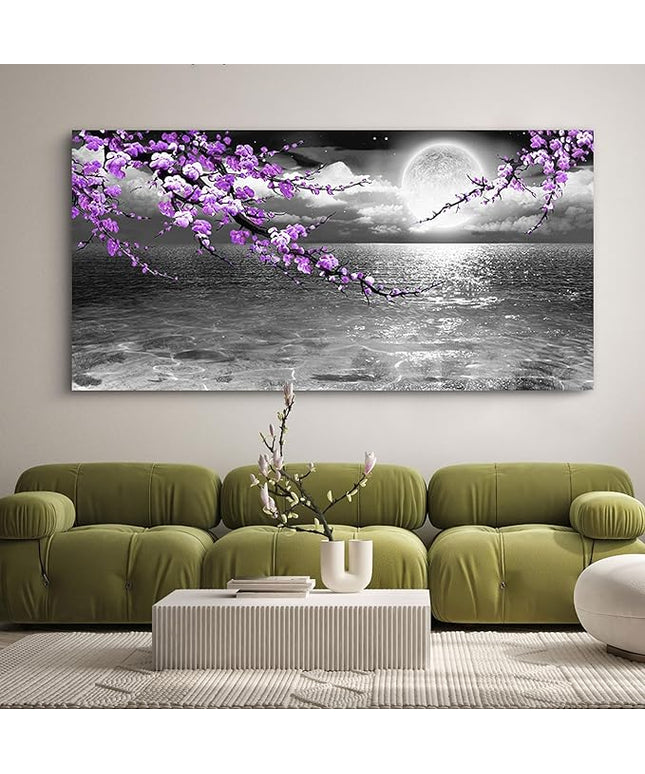 Large Purple Wall Art Decor for Living Room Bedroom Framed Black and White Seascape Full Moon Purple Flower Painting Canvas Picture Modern Hand-Painted Plum Blossom Artwork for Home Office