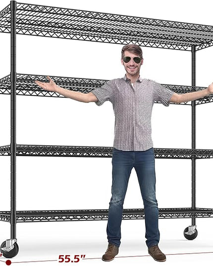 REIBII 75.6" H Storage Shelves Metal Shelving Unit with Wheels 55''W Garage Shelving Heavy Duty Wire Shelves for Storage Rack Adjustable Pantry Shelf Commercial Shelving, 75.6" H X 55.5''W X 24" D