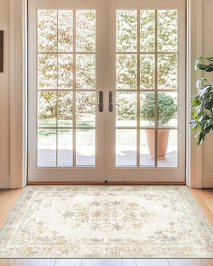 jinchan Vintage Floral 3x5 Area Rugs for Entryway - Machine Washable Distressed Design Ultra-Thin Low-Pile Soft Non-Shedding Carpet for Kitchen Bedroom Entrance Laundry Living Room (3x5ft, Light Grey)