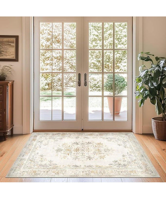 jinchan Vintage Floral 3x5 Area Rugs for Entryway - Machine Washable Distressed Design Ultra-Thin Low-Pile Soft Non-Shedding Carpet for Kitchen Bedroom Entrance Laundry Living Room (3x5ft, Light Grey)