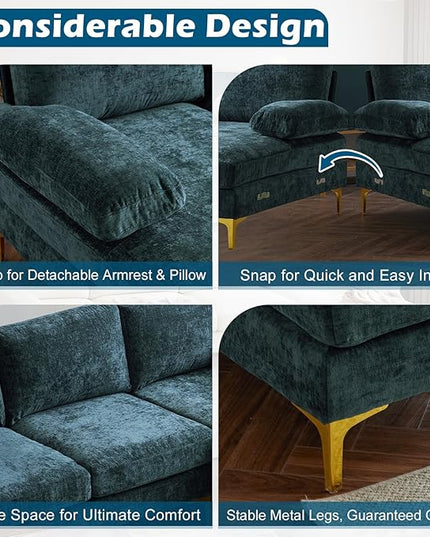 VINGLI 110" Large U-shape Sectional Sofa Couch with 51"D Double Chaise for Living Room, Modern Sectional Couch Set with Soft 5.9" Thickness Seating Padding, Chenille Fabric ,Metal Gold Legs(Rich Cyan)