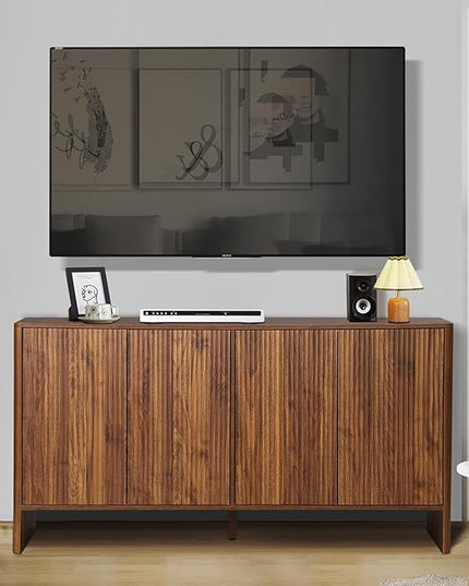 Sideboard Buffets Cabinet, Modern Accent Storage Cabinet with 4 Fluted Doors and Adjustable Shelves, Wood Credenza Buffet Sideboards, Console Table for Kitchen Dining Living Room Entryway (Walnut)