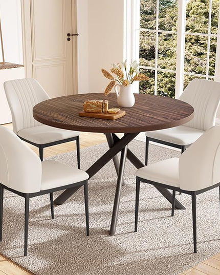 45.3'' Walnut Round Dining Table Set for 4, Mid Century Modern Small Coffee Set for Dining Room Kitchen Apartment (Dark Walnut Table + 4 White Chairs)