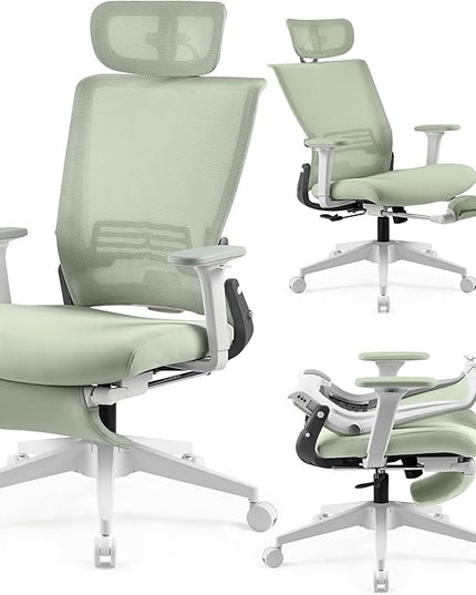 Foldable Office Chair with Foot Rest, Ergonomic Office Chair with Adjustable Lumbar Support, Headrest, Armrest, Home Office Desk Chair for Space Saving, Work from Home, Green