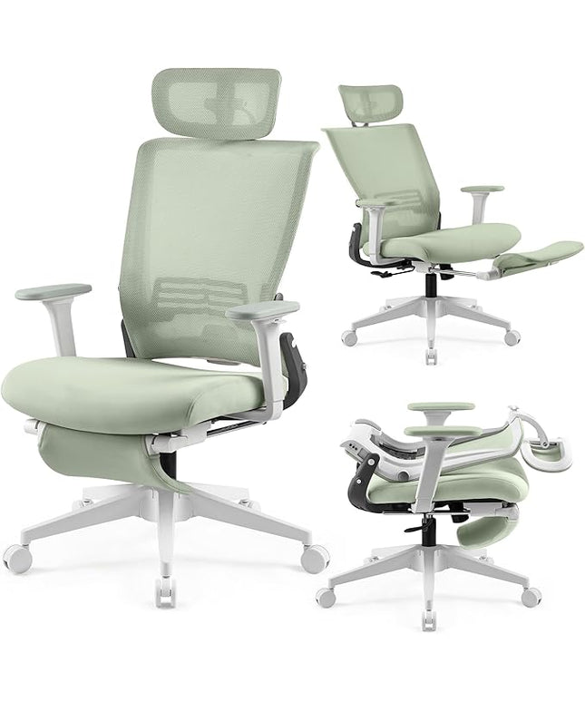 Foldable Office Chair with Foot Rest, Ergonomic Office Chair with Adjustable Lumbar Support, Headrest, Armrest, Home Office Desk Chair for Space Saving, Work from Home, Green
