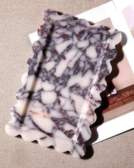 Natural 100% Marble Vanity Tray Luxury Scalloped Marble Storage Square Rectangle Tray for Home Decor Stone Tray for Bathroom Kitchen Candle Key (Rectangle-11.8 * 7.4-Calacatta Viola)