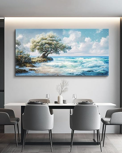 XIGUANGART Coastal Canvas Prints Wall Art Beach Sunset Ocean Waves Nature Pictures Trees on Rock Blue Painting Seascape Wall Decor for Living Room Bedroom Bathroom Home Office Artwork 40L x 20W