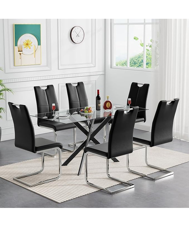 HomVent 7 Pieces Rectangular Glass Dining Table Set, Glass Kitchen Table Set for 6 Dinner Table Set with 6 PU Dining Chairs for Kitchen Dining Room